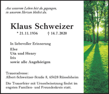 Traueranzeige von Klaus Schweizer von vrm-trauer