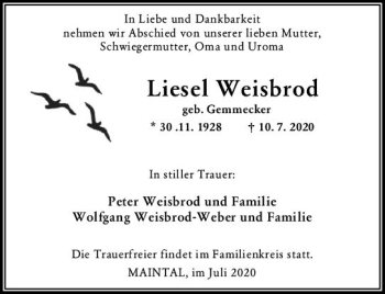 Traueranzeige von Liesel Weisbrod von vrm-trauer