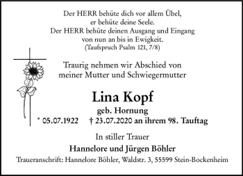 Traueranzeige von Lina Kopf von vrm-trauer