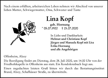 Traueranzeige von Lina Kopf von vrm-trauer