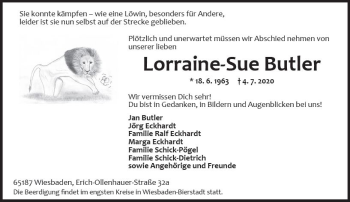 Traueranzeige von Lorraine-Sue Butler von vrm-trauer