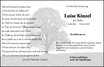 Traueranzeige von Luise Kinzel von vrm-trauer