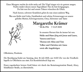 Traueranzeige von Margarethe Krämer von vrm-trauer