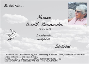 Traueranzeige von Marianne Franzlik-Simmermacher von vrm-trauer