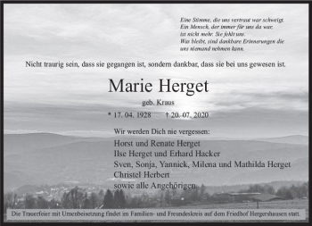 Traueranzeige von Marie Herget von vrm-trauer