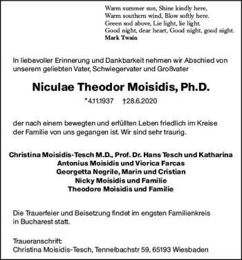 Traueranzeige von Niculae Theodor Moisidis von vrm-trauer