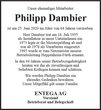 Traueranzeige von Philipp Dambier von vrm-trauer
