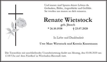 Traueranzeige von Renate Wietstock von vrm-trauer