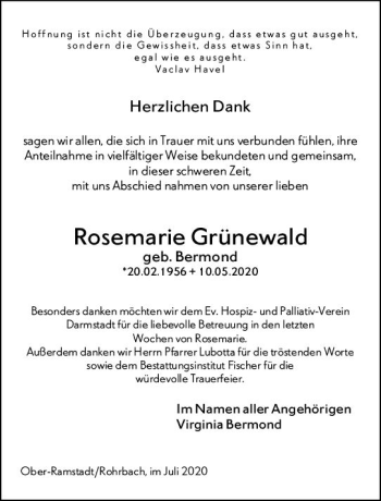Traueranzeige von Rosemarie Grünewald von vrm-trauer