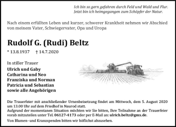 Traueranzeige von Rudolf G.  Beltz von vrm-trauer