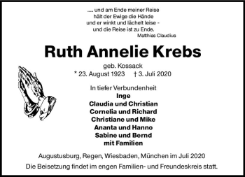Traueranzeige von Ruth Annelie Krebs von vrm-trauer