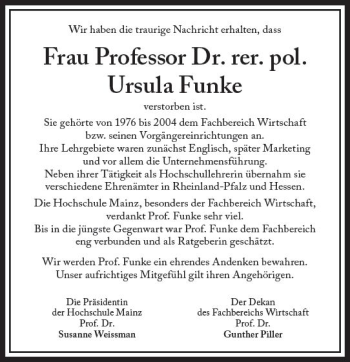 Traueranzeige von Ursula Funke von vrm-trauer