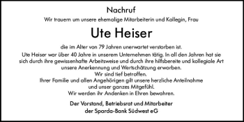 Traueranzeige von Ute Heiser von vrm-trauer