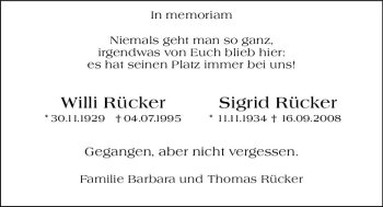 Traueranzeige von Willi Rücker von vrm-trauer