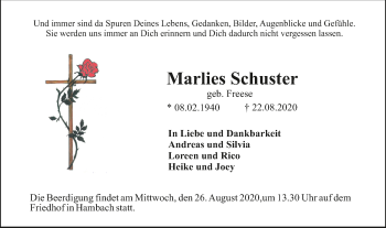 Traueranzeige von Marlies Schuster von VRM Tageszeitungen