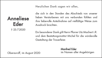 Traueranzeige von Anneliese Eder von vrm-trauer