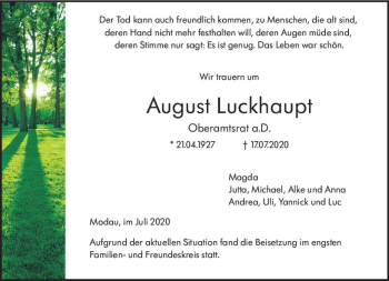 Traueranzeige von August Luckhaupt von vrm-trauer