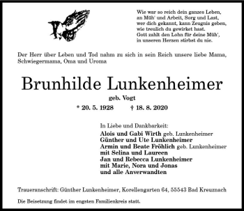 Traueranzeige von Brunhilde Lunkenheimer von vrm-trauer