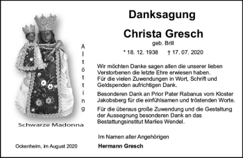 Traueranzeige von Christa Gresch von vrm-trauer