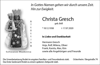 Traueranzeige von Christa Gresch von vrm-trauer
