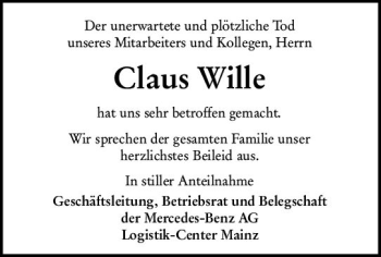 Traueranzeige von Claus Wille von vrm-trauer