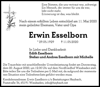 Traueranzeige von Erwin Esselborn von vrm-trauer