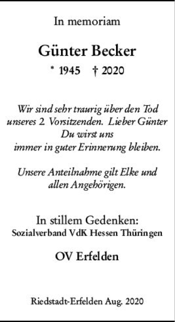 Traueranzeige von Günter Becker von vrm-trauer
