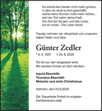 Traueranzeige von Günter Zedier von vrm-trauer