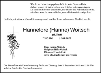 Traueranzeige von Hannelore Woitsch von vrm-trauer