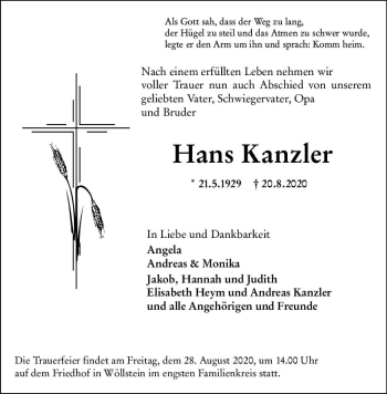 Traueranzeige von Hans Kanzler von vrm-trauer