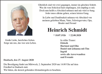 Traueranzeige von Heinrich Schmidt von vrm-trauer