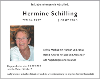 Traueranzeige von Hermine Schilling von vrm-trauer