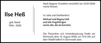 Traueranzeige von Ilse Heß von vrm-trauer
