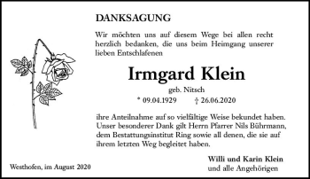 Traueranzeige von Irmgard Klein von vrm-trauer
