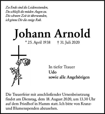 Traueranzeige von Johann Arnold von vrm-trauer