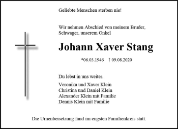 Traueranzeige von Johann Xaver Stang von vrm-trauer