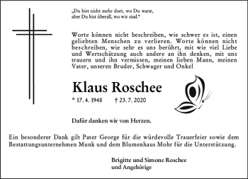 Traueranzeige von Klaus Roschee von vrm-trauer