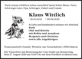 Traueranzeige von Klaus Wittlich von vrm-trauer