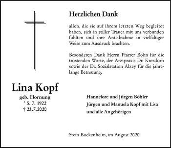 Traueranzeige von Lina Kopf von vrm-trauer