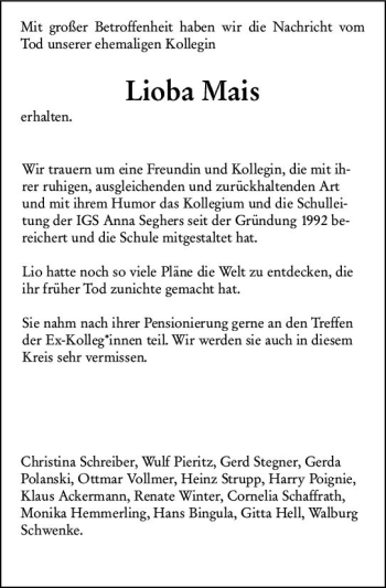Traueranzeige von Lioba Mais von vrm-trauer