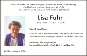Traueranzeige von Lisa Fuhr von vrm-trauer