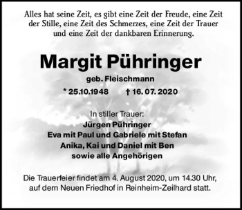 Traueranzeige von Margit Pühringer von vrm-trauer