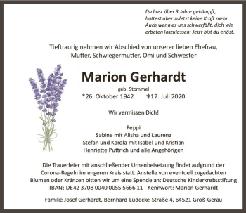 Traueranzeige von Marion Gerhardt von vrm-trauer