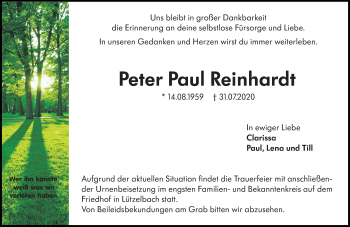 Traueranzeige von Peter Paul Reinhardt von vrm-trauer