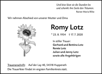 Traueranzeige von Romy Lotz von vrm-trauer