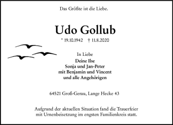 Traueranzeige von Udo Gollub von vrm-trauer