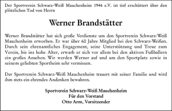 Traueranzeige von Werner Brandstätter von vrm-trauer