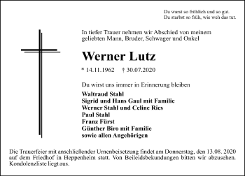 Traueranzeige von Werner Lutz von vrm-trauer