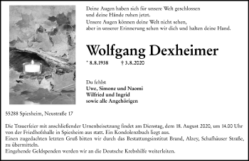 Traueranzeige von Wolfgang Dexheimer von vrm-trauer