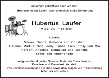 Traueranzeige von Hubertus Laufer von VRM Tageszeitungen
